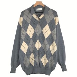 CLARK GREGORY Merino Wool Argyle Golf‎ Polo Sweater Men's XXL Gray Cream EUC